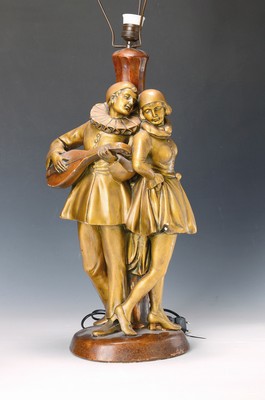 Image Table lamp, German, 1920s/30s, Pierrot and Columbine, ceramic, painted gold and bronze, monogr. GN, electronics not checked, height approx. 90cm, several small chips