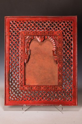Image Pair of picture frames or picture mirror frames, North India, turn of the century, oriental wood, very rich a jour carving, oxblood-red paint, very decorative, approx. 55x46 cm, intended for mirrors
