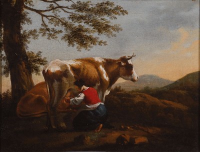 Image Jan Franz Soolmaker, 1635-1685, pastoral landscape with maid milking a cow, signed lower left Solemacker f.(ecit), oil/canvas, restored, crazed, age range, 26x34 cm, frame 37x45 cm