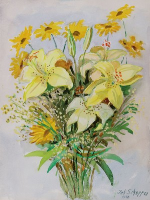 Image Johannes Schopper, 1901 Fürth - 1992, trainingat the Kunstschule Nürnberg, two Still life with flowers, watercolor on paper/oil on canvas, each signed and 1x dated 1988, 52x41/65x55 cm