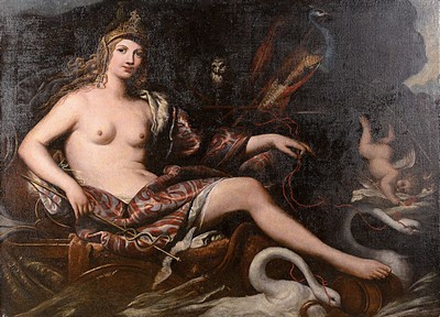 Image Attribution: Michele Fiammingo Desubleo (1602 -1676), nymph on a chariot drawn by two swans,attributed by caduceus, diadem, peacock and owl, heavily restored or extensively retouched/painted over, relined new stretcher,unframed, 119x164 cm; Provenance: 2022 AuctionGliubich Italy, private collection (Austria)