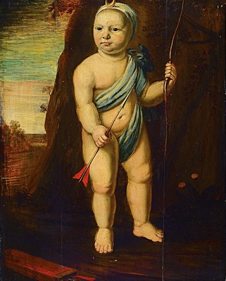 Image Unidentified artist, Italy, 17th century, fullportrait of Cupid with bow and arrow in front of the entrance to a rock grotto, in the background ideal landscape, oil/wood, two old restored longitudinal cracks, restored, approx. 80x61cm, pomp frame approx. 110x91cm