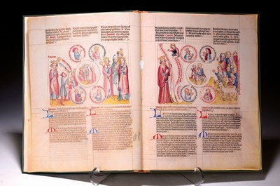 Image Facsimile: Biblia Pauperum of the Codex Pal.lat. 871, Zurich, Belser 1982, facsimile of the manuscript from the 2nd quarter of the 15th century, today in the Biblioteca Apostolica Vaticana, half leather binding, with gold embossed coat of arms of Urban VIII,with accompanying volume by Karl-August Wirth,106 pages, in a slipcase, traces of age