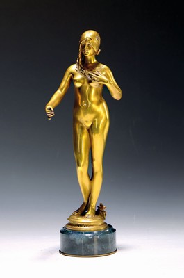 Image Bronze sculpture "La Jeunesse", by Antonin Carles (1851-1919, standing female nude in the typical Art Nouveau style, titled, signed, foundry stamp Siot Paris, stone base, total height approx. 31cm