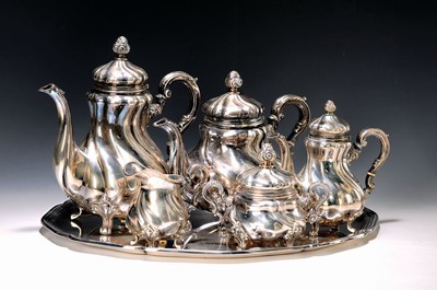 Image Coffee, tea and mocha pot, sugar bowl, milk jug and tray, German, 830 silver, baroque style, bulbous and twisted, height of Coffee pot approx. 25cm, total approx. 3400 g.