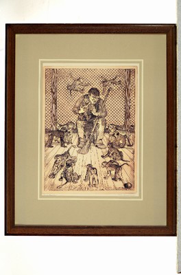 Image Max Bernuth, 1872 Leipzig-1960 Bavarian Gmain, 2 etchings, 1x #"In the family#", zookeeper in the monkey enclosure, titled, signed, dated 24, approx. 32x24cm, PP, framed under glass approx. 54x44cm ; #"Bear#", titled and signed, dated 06, approx. 17.5x12cm, PP, etc., frame approx. 41x32cm
