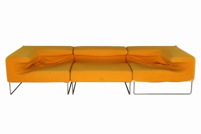 Image Sofa Moroso, Model: Lowseat, designed by Patricia Urquiola, orange-yellow fabric covers, chrome-plated metal frame, consisting of 3 modules, freely positionable, significant signs of age and use, overall dimensions: approx. 59x275x90 cm, Seat height: 39 cm, Seat depth: 55 cm