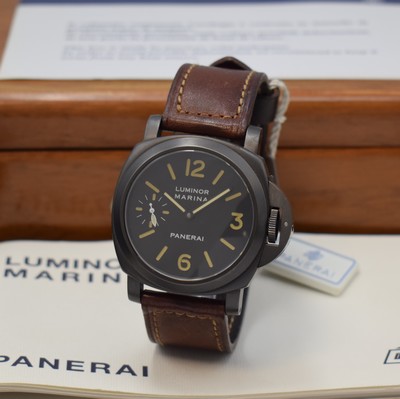 Image PANERAI very rare, limited gents wristwatch Luminor Marina Pre Vendome reference 5218 - 203/A no. 0043, manual winding, produced in a limited edition to 200 pieces, big, cushion shaped, water resistant to 30 ATM, stainless steel PVD-coated, military divers watch with original leather strap and original buckle, 3 piece construction, satine black, case, screwed down case back, straight lugs, windingcrown with patented security lever to wind thewatch under water, sapphire crystal, black dial with luminous Arabic numerals and indices, small Sek at 9, black baton hands, rhodium plated movement, 17 jewels, calibre ETA (UT6497), fausses cotes decoration, monometallic balance, flat hairspring, shock- absorber, measures approx. 44 x 44 mm, original mahogany-box with original covering box, hang tag, additional original leather strap with original buckle and original papers, sold in June 1996, condition 2, one ofthe most sought after Panerai, property of a collector