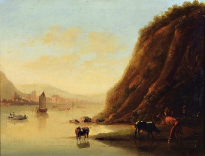 Image Painter of the 19th century, after Albert Cuyp, (1620-1691), landscape with river valley, steep slope, drinking cows on the bankand boats on the water, a village on the opposite bank, oil/canvas, craquelure due to age, fine reproduction of the hazy Mood, approx. 38x49cm, frame with nameplate Cuyp approx. 56x67cm