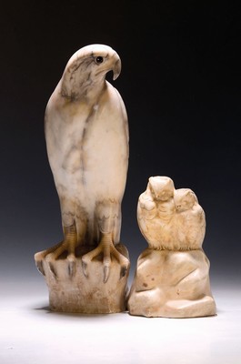 Image Two alabaster sculptures, 20/30s, 1. sitting owls on a rock formation, signed on the rock Rex (possibly Wilhelm Rex), slightly dam., approx. 23 x 17 cm, 2. sitting eagle, with glass eyes, dam. on the tail feathers, H. approx. 45 cm