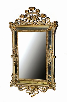 Image Large Art Nouveau mirror, around 1900/20, stucco frame, decorated with water lily motifs, frame partially repaired, greenish patinated and partly gilded, medium large glazed mirror insert, approx. 147 x 80 cm, l. Signs of age or minor repairs