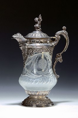 Image Ceremonial jug, Topazio Portugal, with 925 silver fittings, cut and cut crystal glass body, heavy sterling silver fittings in the Renaissance style with bacchant, masquerade and leaves and volutes, height approx. 35cm