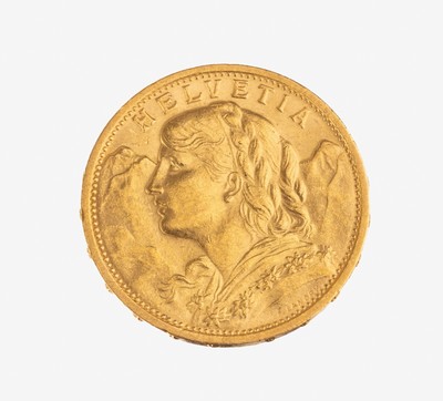Image Gold coin 20 Swiss Francs, Switzerland 1912, so-called Vreneli, impressed mark B
