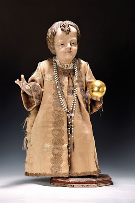Image Christ child, South German, around 1760-1780, carved lime wood, hollowed, silk dress worn due to age with brocade embroidery, hollowed, height approx. 52cm, traces of age