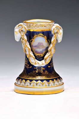Image Candlestick, Meissen, around 1880/90, porcelain, cobalt blue ground, in two cartouches: a fine flower bouquet painting and a view of Königstein, very fine, high-quality miniature painting, rich gold decoration, decorated on the side with two plastic goat heads, height approx. 8cm