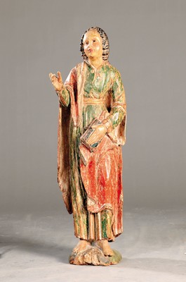 Image Saint sculpture, southern German, 2nd half of the 18th century, carved wood, standing representation with book and gesture of instruction, remains of old version in green and red, curly hair, signs of age, 2 fingers missing, one present, height approx. 74cm