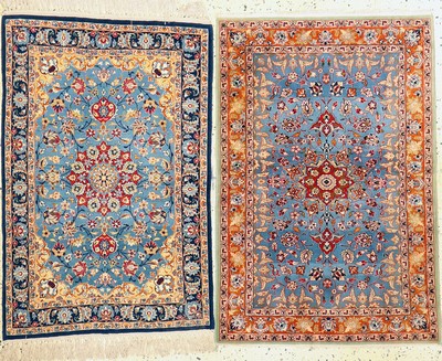 Image 1 pair of Isfahan fine, Persia, around 1960, corkwool on silk, approx. 105 x 68 cm, approx. 1.0 million kn/sm, condition: 1-2(color deviations). Rugs, Carpets & Flatweaves