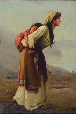 Image Russian artist of the 19th century, Young Italian woman with child on her back, oil/canvas, signed lower right, approx. 60x40cm, frame approx. 80x60cm