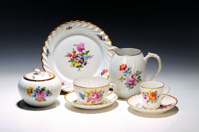 Image Hot drinks service, Nymphenburg, ribbed wave shape, 20th century, porcelain, hand-painted decoration of scattered flowers and bouquets of flowers, gold rim, 3 coffee cups with saucers, 3 mocha cups with saucers, sugar bowland milk jug, 12 cake plates, traces of age