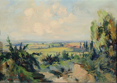 Image Hanns Fay, 1888 Frankenthal-1957 Neustadt. landscape in the Palatinate, view into the Rhine valley, oil/painting cardboard, lower left sign., approx. 28x40cm, frame approx. 40x52cm