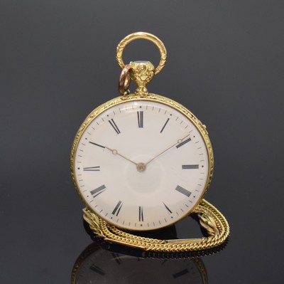 Image Open face pocket watch with 1/4-hour- repetition, Switzerland around 1840, key winding, case with à-goutte-closure, rear site engraved hunter-scene framed from rocailles, pendant for striking work-triggering and edges deep engraved, enamel dial with Roman numerals, fine gilded hands, gold plated cylinder movement, strike on 2 gongs, gold plated chain enclosed, diameter approx. 49,5 mm, condition 2-3