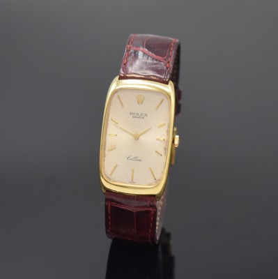 Image ROLEX Cellini rare 18k yellow gold wristwatch reference 4108, Switzerland around 1975, manual winding, slightly rounded rectangular case, snap on case back, original winding crown, silvered dial patinated, applied gilded indices, gilded hands, rhodium plated movement calibre 1601, 19 jewels, measures approx. 41,5 x 24,5 mm, mainspring has to be replaced, overhaul recommended at buyer's expense, condition 2-3