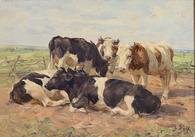 Image Georg Wolf, 1882 Niederhausbergen-1962 Uelzen,5 cows on pasture, oil/canvas, signed lower right, approx. 36x50cm, pomp frame approx. 54x68cm
