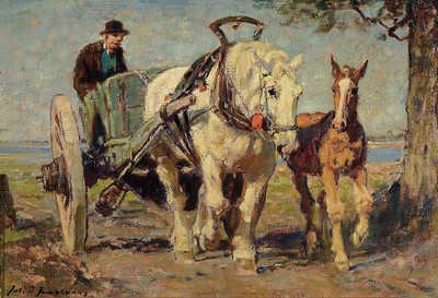 Image Julius Paul Junghanns, 1876 Vienna-1958 Düsseldorf, farmer with horse-drawn cart and foal running alongside, oil/canvas, signed lower left, approx. 24x35cm, frame approx. 41x52cm