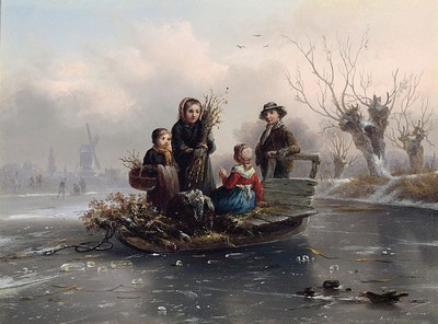 Image Alexis de Leeuw, 1822-1900, children with sleigh collecting brushwood on frozen water, the Netherlands, oil/wood, signed lower right,approx. 22x30cm, frame approx. 32.5x43.5cm