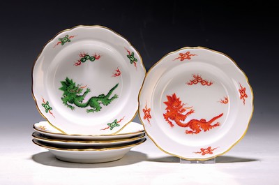 Image 5 plates, Meissen, 20th century, porcelain, Ming dragon in different colors, gold edges, diameter approx. 13.5 cm
