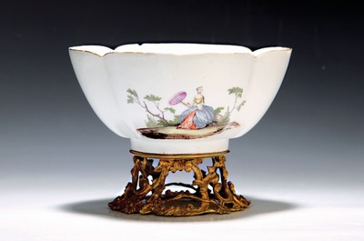 Image Magnificent bowl with fire-gilded bronze fittings, Meissen, around 1745, painting probably Augustin Dietze (1696-1769) (see Lit. Anderson Collection No. 67 in Allen: 18th Century Meissen Porcelain, 1988), probably from the property of Marie Countess von Taubenheim, fine Painting with gallantry scenes, gold decoration, bottom mark, mouth edge bumped and restored, 15x20.5x18 cm