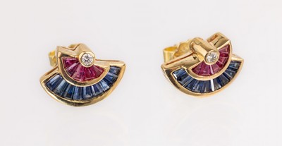 Image Pair of 18 kt gold sapphire-ruby-brilliant - earrings