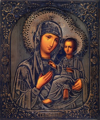Image Icon with Silver oklad, Virgin Mother of Tikhvin, Russia, end of 19th century, oil/wood, Silver oklad marked 84 Zolotniki anddated 1879, velvet cover on verso, age- related, 26.5x22 cm
