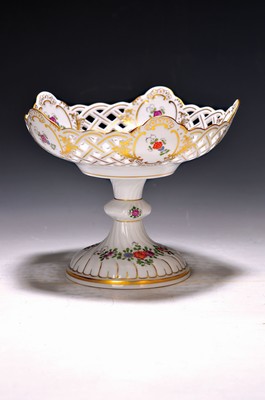 Image Footed bowl, Meissen, 20th century, porcelain, colorfully painted floral decoration, gold decoration, basket wall with breakthrough work, traces of age, height 16, diameter 19 cm