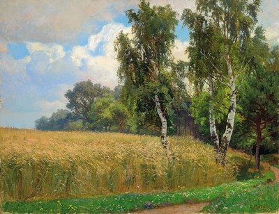 Image Georg Holub, 1861 Brno-1919 Vienna, Studies at the academy Vienna, full wheat field with birches at the edge of the forest, signed lower right in red, oil/canvas relined on cardboard, slight surface damage, unframed, approx. 56x73cm