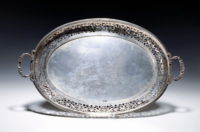 Image Large silver tray, Austria, 1836, 13 solder silver, flag with elaborate saw work, double handle with pearl rim and shell, acanthus leaf rim, L. approx. 49 cm, approx. 1250 grams of silver