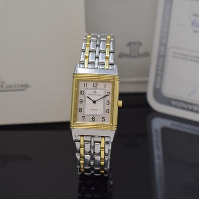 Image Jaeger-LeCoultre wristwatch Reverso Classique reference 250.5.86 in steel/gold, Switzerland sold according to certificate in November 1994, manual winding, around 180 degree reversible reverse case in including original bracelet with original butterfly buckle, silvered duoton dial with Arabic hands and blued hands, measures approx. 39 x 23 mm, length approx. 19,5 cm, original box, certificate and 3 additional bracelet elements enclosed, signs of use due to age otherwise condition 2