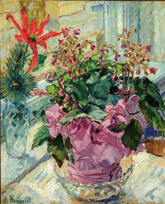 Image Karl Humbaldt, born 1882, still life with potted plants on the windowsill, oil/canvas, signed lower left, approx. 65x54cm, frame approx. 83x71cm