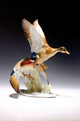 Image Porcelain figure group, Hutschenreuther, duck. Hans Achtziger, 1960s, porcelain, naturalistic painting, pair of flying ducks, traces of age, bottom mark, height 37.5 cm