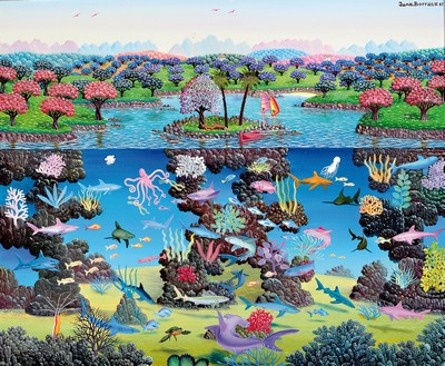 Image Juan Borras, born in 1947, large-format naive painting, #"Sobres los Tiburones#", oil/panel,signed, inscribed on the back and dated 87, approx. 60 x 74 cm, frame approx. 83 x 95 cm