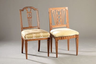 Image Four chairs, Louis Seize, around 1780, solid walnut, backrest with breakthrough work, with fluting, different shapes, height approx. 89 cm, sh. approx. 45 cm, condition 2