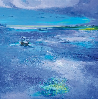 Image Abbas Al-Mosawi, born 1952 Bahrain, student ofAhmed Baqer, seascape with fishing boats, chromatic harmony in shades of blue, impressionistic view, left. signed and dated 2021, acrylic/canvas, approx. 110x110 cm, Abbas al Mosawi is one of the most popular artists in the Middle East with many exhibitions and projects worldwide