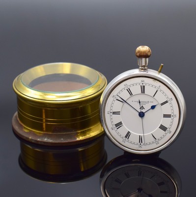 Image S. ALEXANDER & SON H.S.2 deck watch of the British navy, London hallmark 1915, sterling- silver case without glass and back cover, on cuvette marked H.S.2 with Broad-Arrow, two piece construction enamel dial damaged, in center Broad-Arrow and signature, fine blued spade hands, sweep seconds, gold plated 3/4- board-movement with Broad-Arrow, 4 screwed chatons, gold-screw-compensation-balance with Breguet-hairspring, glazed original brass- cover enclosed, diameter approx. 56 mm, condition 2-3