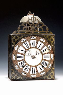 Image Rare early Comtoise, France, around 1740/50, front decorated cast dial with 25 enamel cartouches, corner decorations, sawn attachment, two-hand, orig. Doors/back wall, spindle gear, high pendulum gallows approx. 11 cm, half-hour strike without repetition on bell (marked: "4-P 1/x"), both front screws for support plate supplemented, formerly probably with alarm clock, without accessories, H /B approx. 33x21.5cm, condition of movement/housing 3