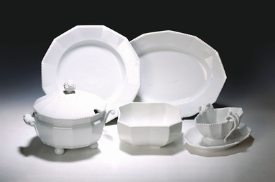 Image Dinner service, Nymphenburg, 20th century, 12 -sided basic shape with raised pearl rim, 12 flat plates, 11 deep plates, lidded tureen, 3 side dishes, 2 oval plates, 2 oval bowls, large round plate, gravy boat, slight traces of usage