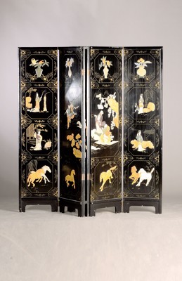 Image Screen, China, 20th century, six sections, figurative representations with soapstone applied, gilded painting, opened, approx. 183 x 258 cm, condition 2