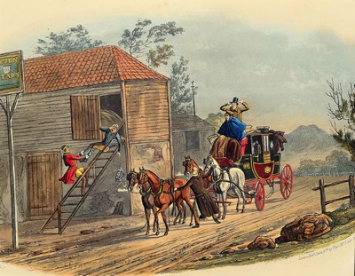 Image C.B. Neuhouse, 19th century, six English lithographs, carriage depictions, London, old colored, sheet size approx. 27 x 37 cm, browned and slightly damaged