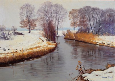 Image Hans Klatt 1876 Hammerstein - 1936 Munich, #"Grauer Tag#", snowy winter landscape, oil/cardboard, approx. 50 x 70 cm, frame approx. 61x82cm