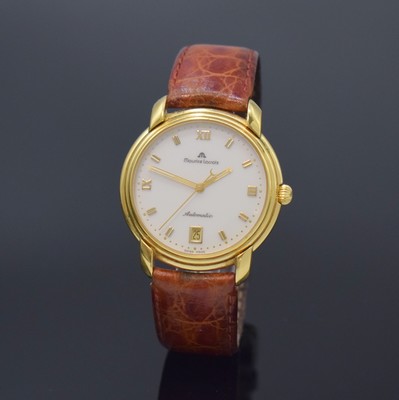 Image MAURICE LACROIX Les Classique gents wristwatch reference 23293, Switzerland around 2000, self winding, gold-plated case, stainless steel case-back pressed on, cream colored dial with gilded hour-indices and Roman numerals, gilded hands, date at 6, calibre ETA 2824-2, 25St., gold-plated rotor, diameter approx. 36 mm, ML box enclosed, condition 2