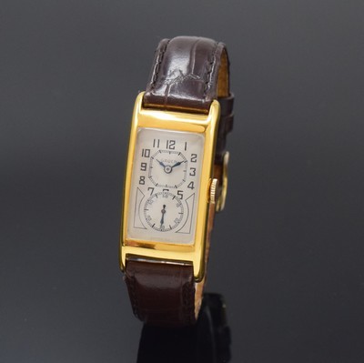 Image GRUEN Duo-Dial rectangular wristwatch 10k yellow gold filled, Switzerland/USA around 1936, rectangulär, measures approx. 43 x 21 mm, snap on curved case back, silver coloured dial restored, blued steel hands, legendary lever movement, calibre 877S, with bimetallic compensation-balance, blued Breguet- hairspring, escapement lateral, 15 jewels, overhaul recommended at buyer's expense, condition 2-3, property of a collector